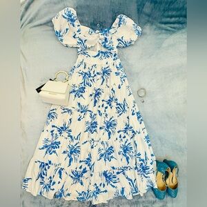 Women’s Blue & White Floral Puff-Sleeve Dress